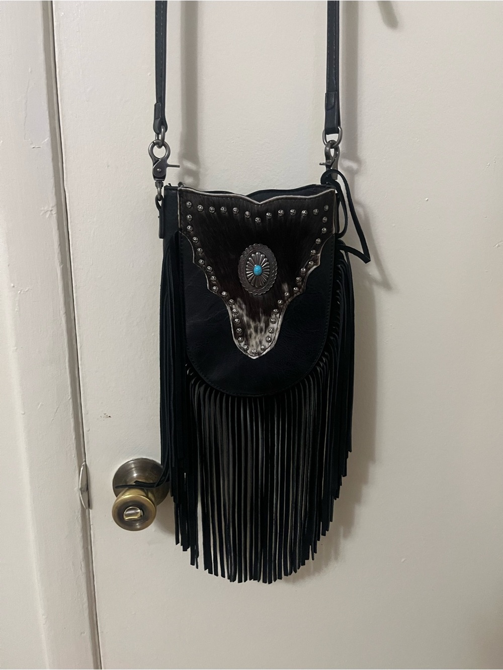 Montana West Black Fringe Crossbody with Concho and Turquoise Accent